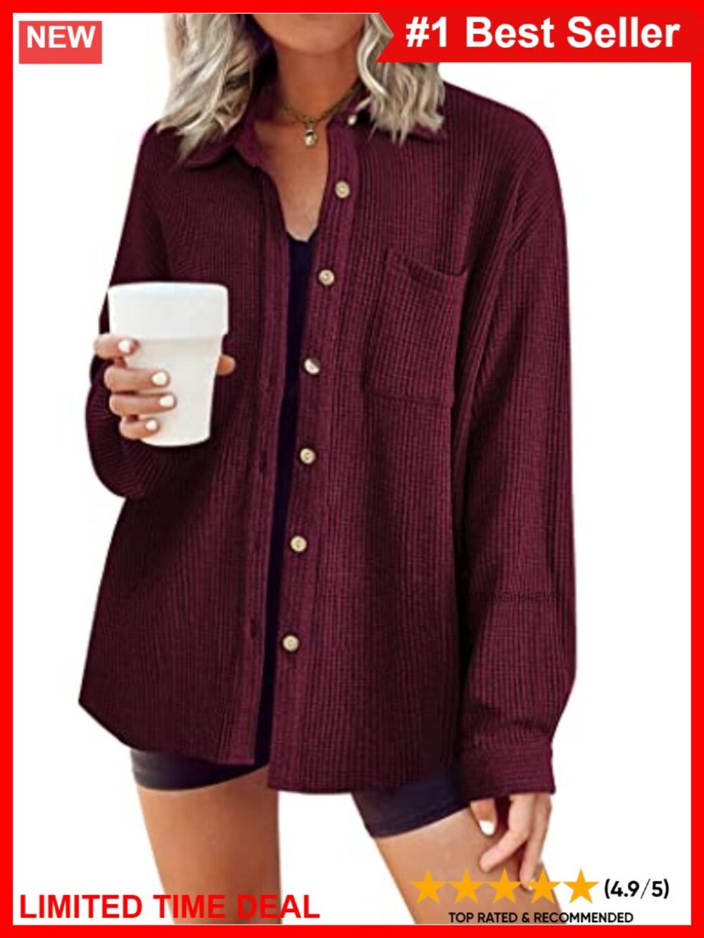 Waffle Knit Button Down Shirt Long Sleeve Shacket with Pocket